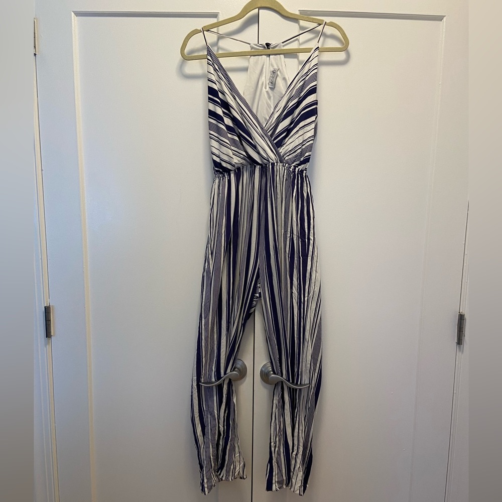 Blue and white striped summer jumpsuit